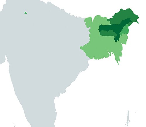 Map of the area where Assamese is spoken