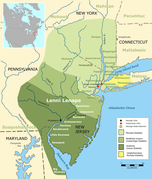 Map of the area where Delaware is spoken