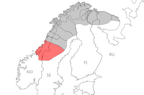Map of the area where Southern Sami is spoken