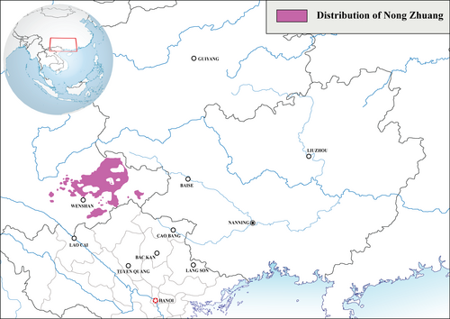 Map of the area where Nong Zhuang is spoken