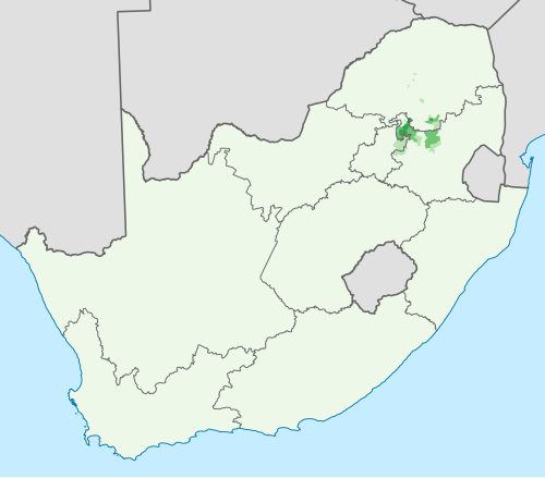 Map of the area where Southern Ndebele is spoken