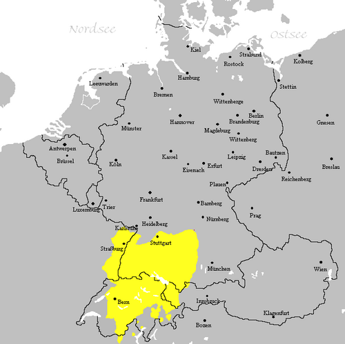 Map of the area where Alemannic is spoken