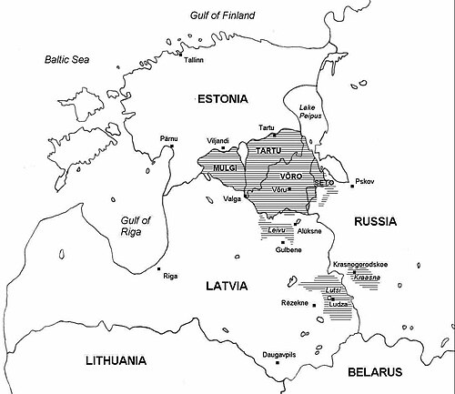 Map of the area where South Estonian is spoken