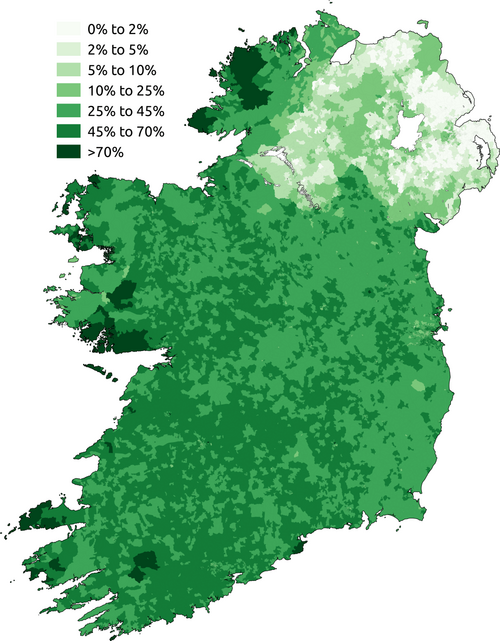 Map of the area where Irish is spoken