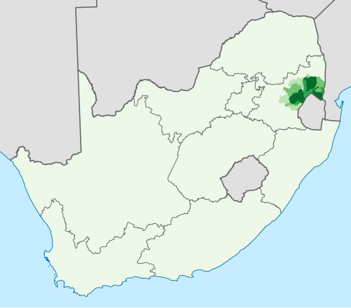 Map of the area where Swazi is spoken