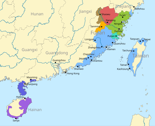 Map of the area where Hainanese is spoken