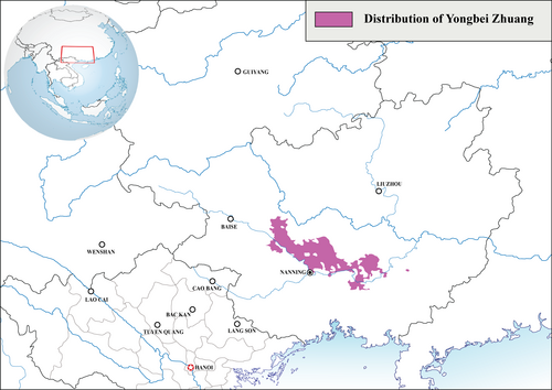 Map of the area where Yongbei Zhuang is spoken