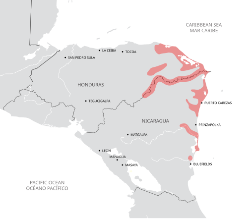 Map of the area where Miskito is spoken
