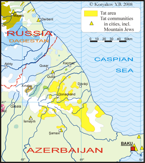 Map of the area where Tat is spoken