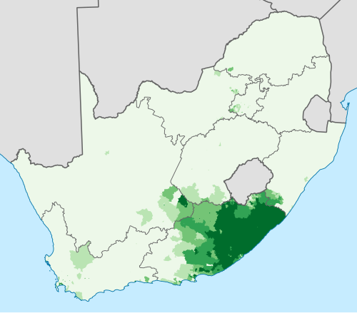Map of the area where Xhosa is spoken