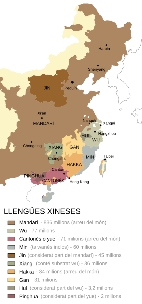 Map of the area where Chinese is spoken