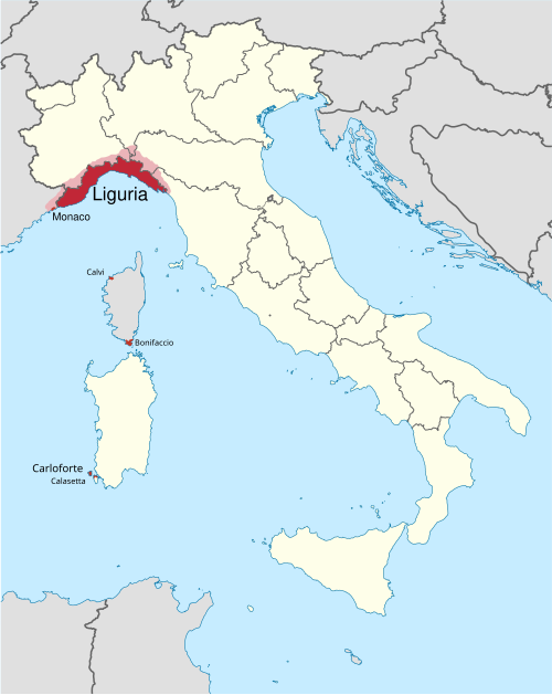 Map of the area where Ligurian is spoken