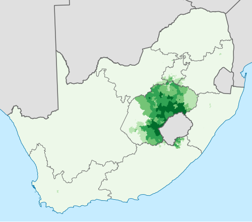 Map of the area where Sesotho is spoken