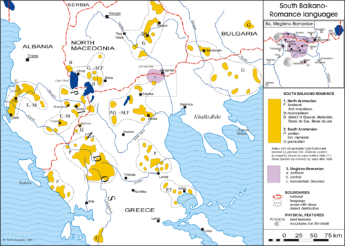 Map of the area where Aromanian is spoken