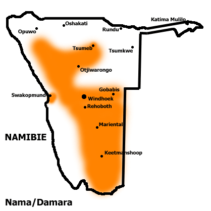 Map of the area where Khoekhoe is spoken