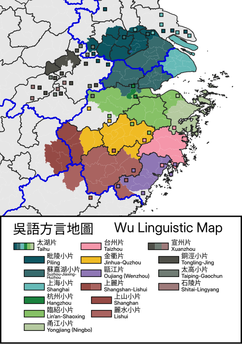 Map of the area where Wu Chinese is spoken