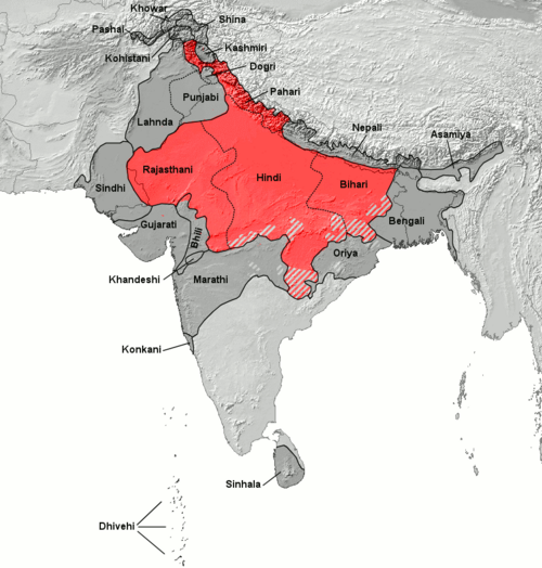 Map of the area where Hindi is spoken