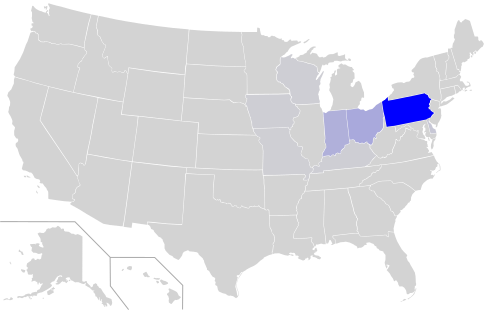 Map of the area where Pennsylvania German is spoken