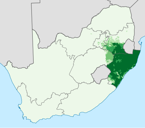 Map of the area where Zulu is spoken