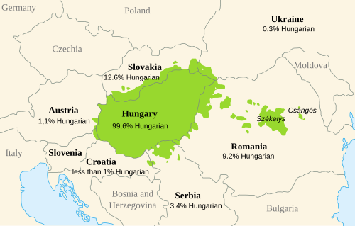 Map of the area where Hungarian is spoken