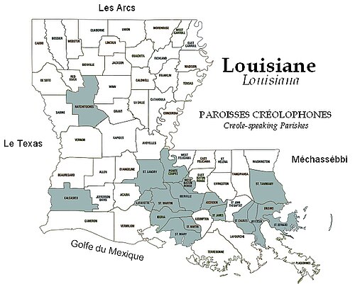 Map of the area where Louisiana Creole is spoken