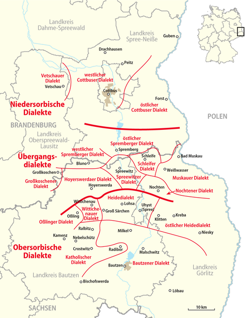 Map of the area where Upper Sorbian is spoken