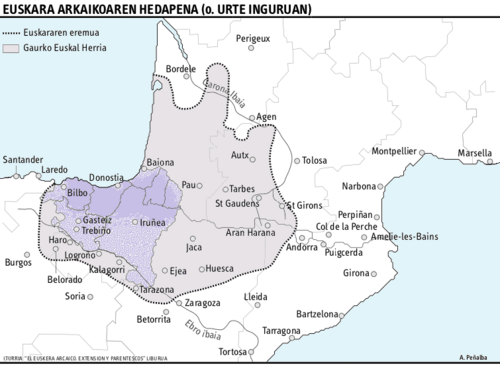 Map of the area where Aquitanian is spoken