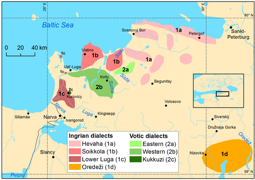 Map of the area where Ingrian is spoken