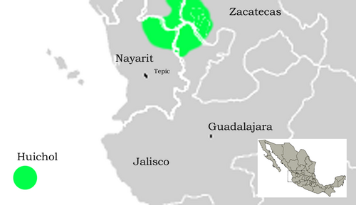 Map of the area where Huichol is spoken