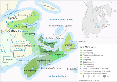 Map of the area where Mi'kmaq is spoken