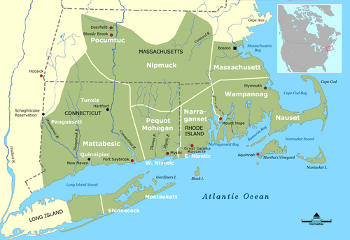 Map of the area where Mohegan-Pequot is spoken